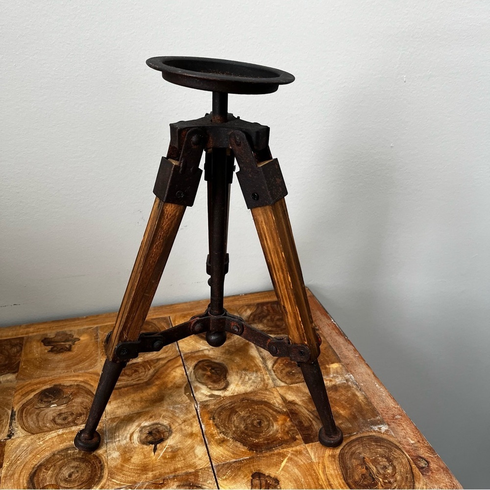 Antique Rustic Wood Metal Tripod Folding Candle Holder Industrial